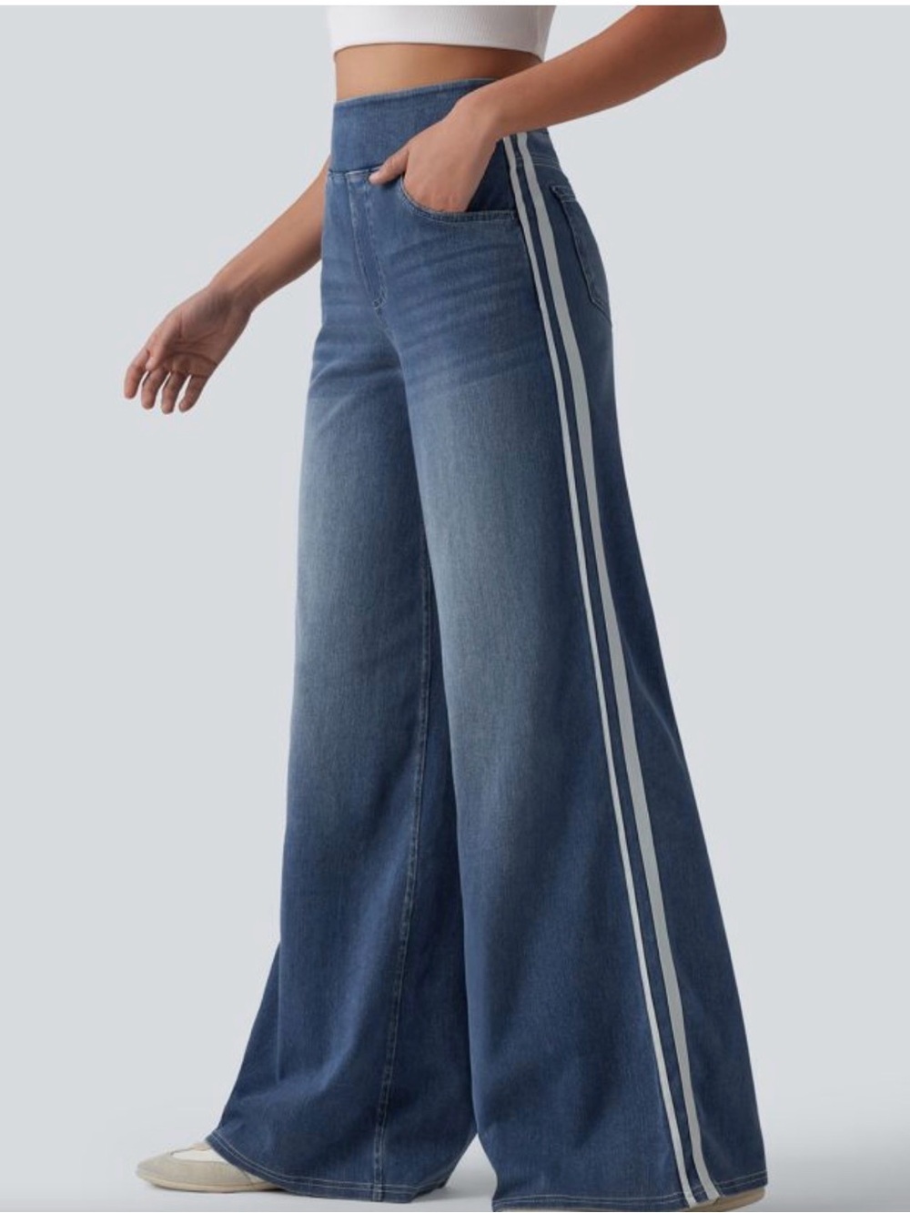 HALARA Denim Wide-Leg Jeans with White Double Side Stripes